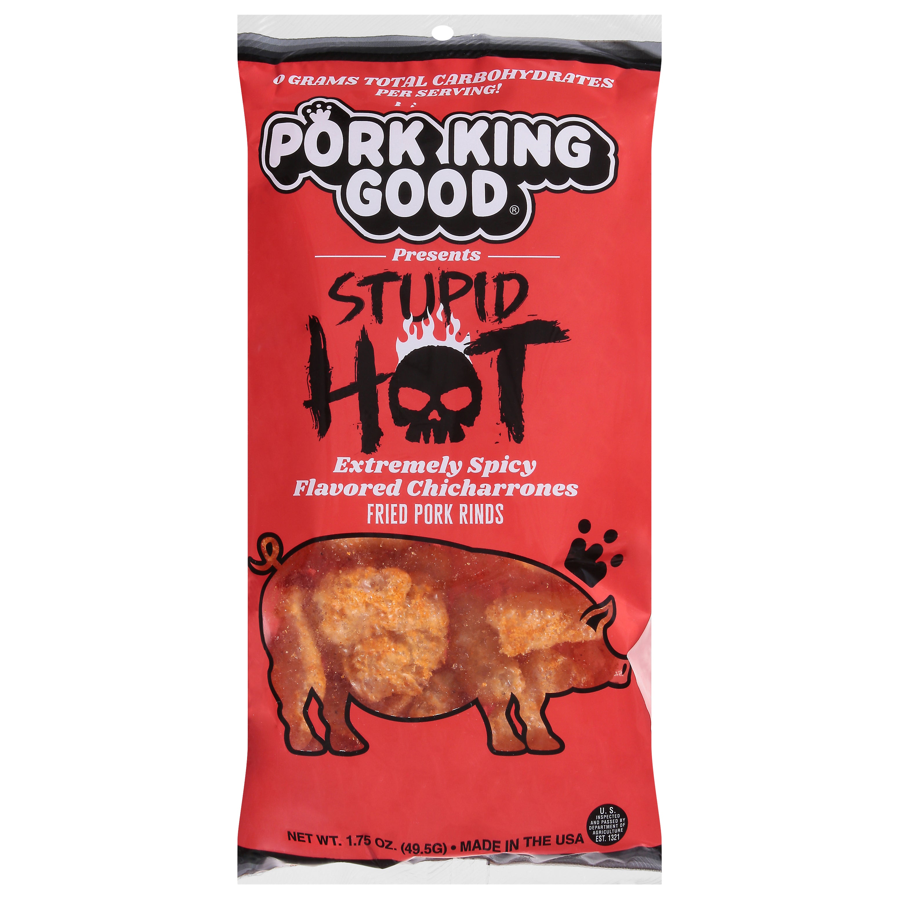Pork King Good Stupid Hot Fried Pork Rinds 1.75 oz - Case of 12