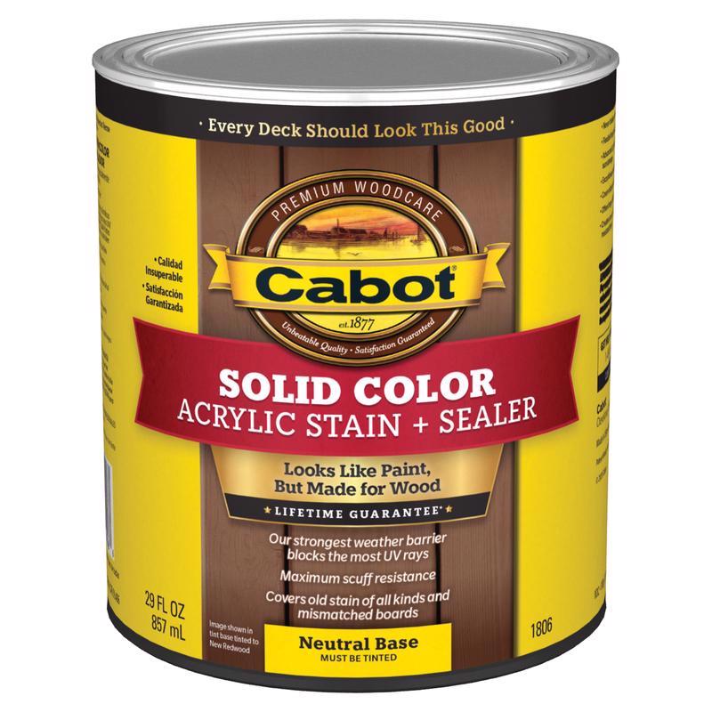 CABOT - Cabot Solid Color Acrylic Stain & Sealer Solid Tintable Neutral Base Acrylic Deck Stain 1 qt - Case of 4