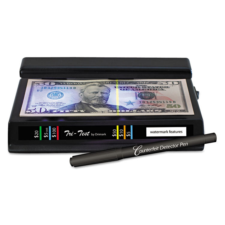 Dri-Mark - Tri Test Counterfeit Bill Detector with Pen, U.S.; Canadian; Mexican; EU; UK; Chinese Currencies, 7 x 4 x 2.5, Black