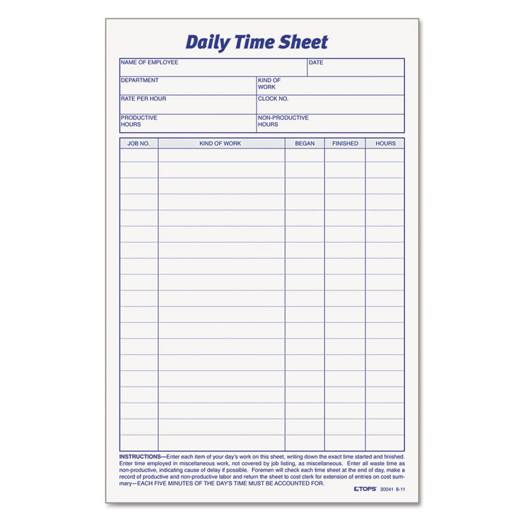 TOPS - Daily Time and Job Sheets, 8.5 x 5.5, 1/Page, 200 Forms/Pad, 2 Pads/Pack