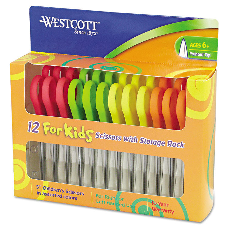 Westcott - For Kids Scissors, Pointed Tip, 5" Long, 1.75" Cut Length, Assorted Straight Handles, 12/Pack