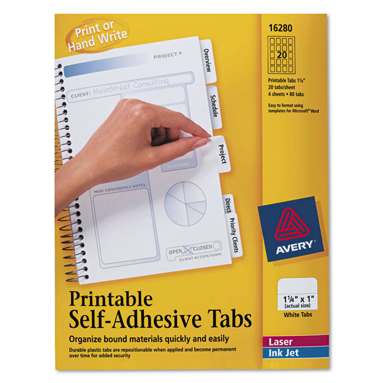 Avery - Printable Plastic Tabs with Repositionable Adhesive, 1/5-Cut, White, 1.25" Wide, 96/Pack