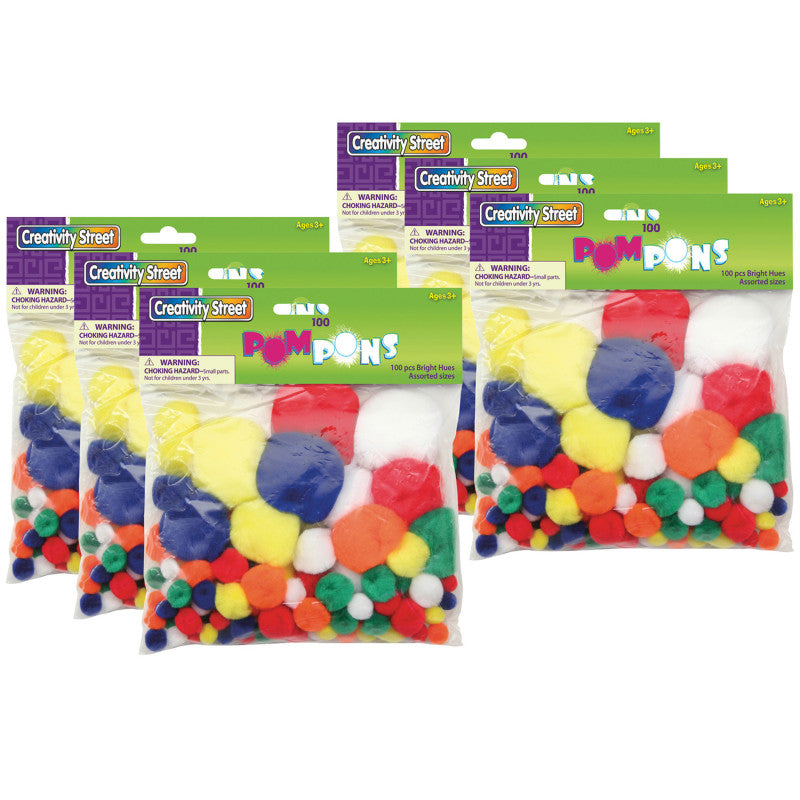 CREATIVITY STREET - Pom Pons, Bright Hues, Assorted Sizes, 100 Per Pack, 6 Packs