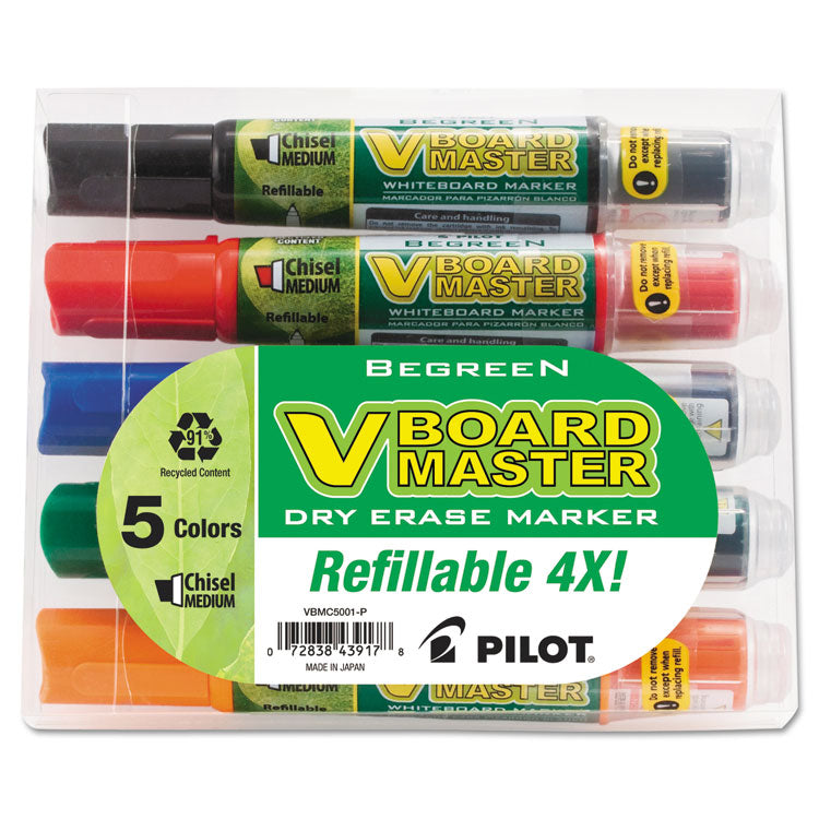 Pilot - BeGreen V Board Master Dry Erase Marker, Medium Chisel Tip, Assorted Colors, 5/Pack