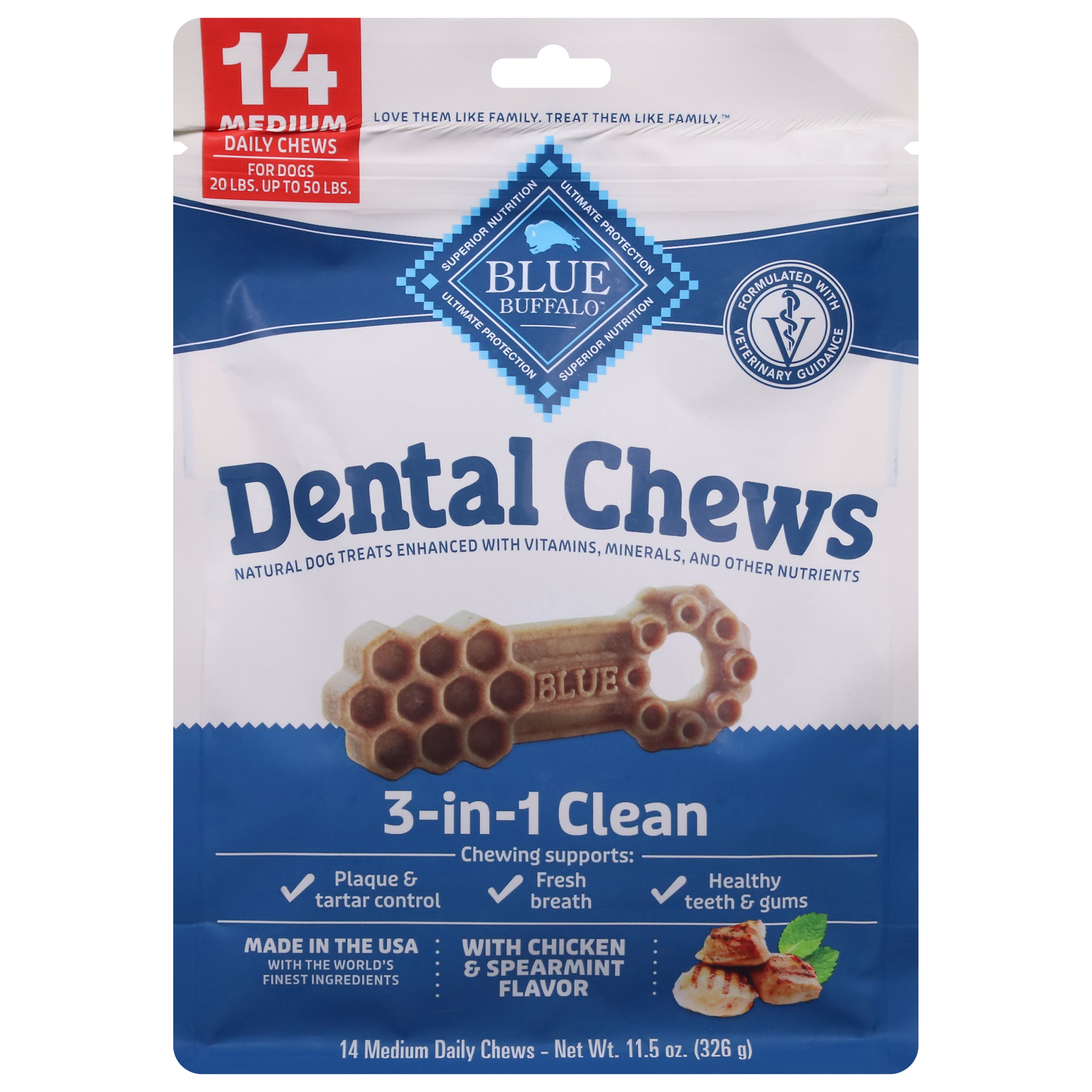 Blue Buffalo Blue 3-in-1 Clean Dental Chews with Chicken & Spearmint Flavor Medium 14 ea - Case of 4