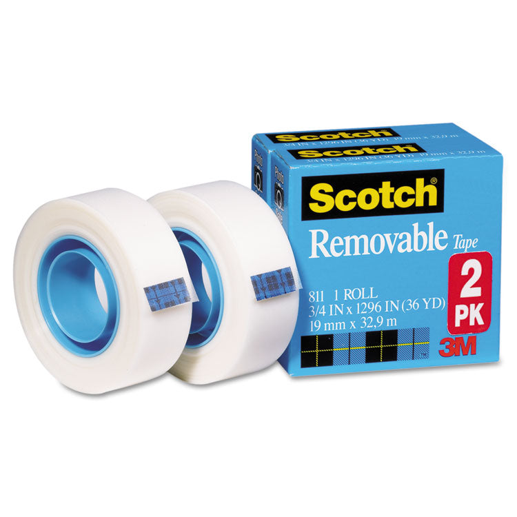 Scotch - Removable Tape, 1" Core, 0.75" x 36 yds, Transparent, 2/Pack