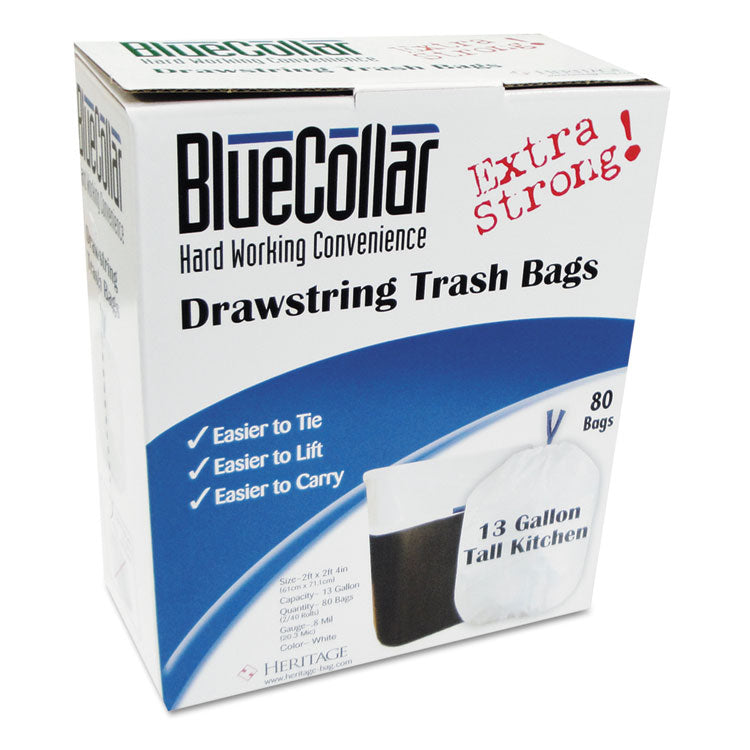 BlueCollar - Drawstring Trash Bags, 13 gal, 0.8 mil, 24" x 28", White, 80/Box