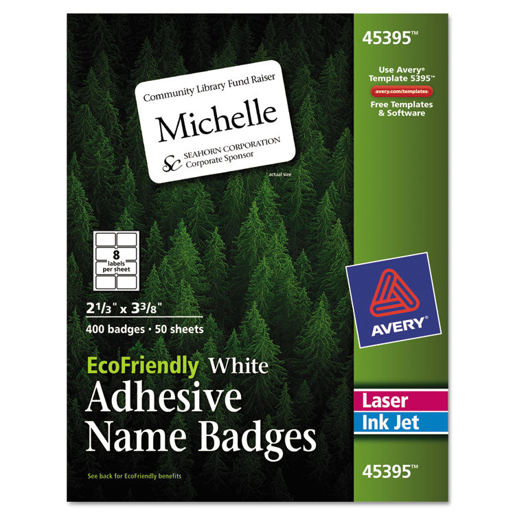 Avery - EcoFriendly Adhesive Name Badge Labels, 3.38 x 2.33, White, 400/Box