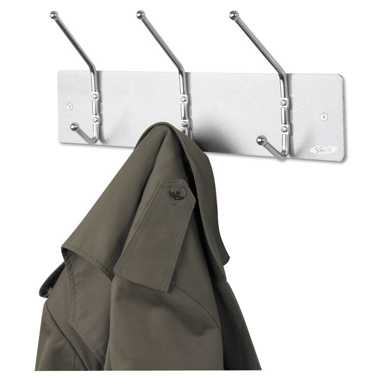 Safco - Metal Wall Rack, Three Ball-Tipped Double-Hooks, Metal, 18w x 3.75d x 7h, Satin