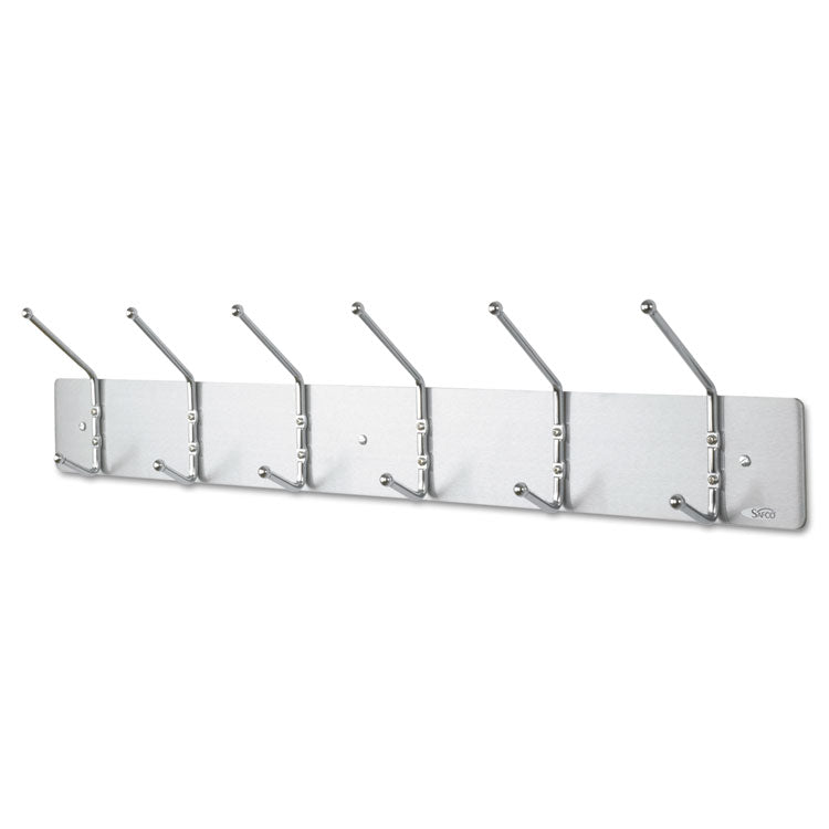 Safco - Metal Wall Rack, Six Ball-Tipped Double-Hooks, Metal, 36w x 3.75d x 7h, Satin