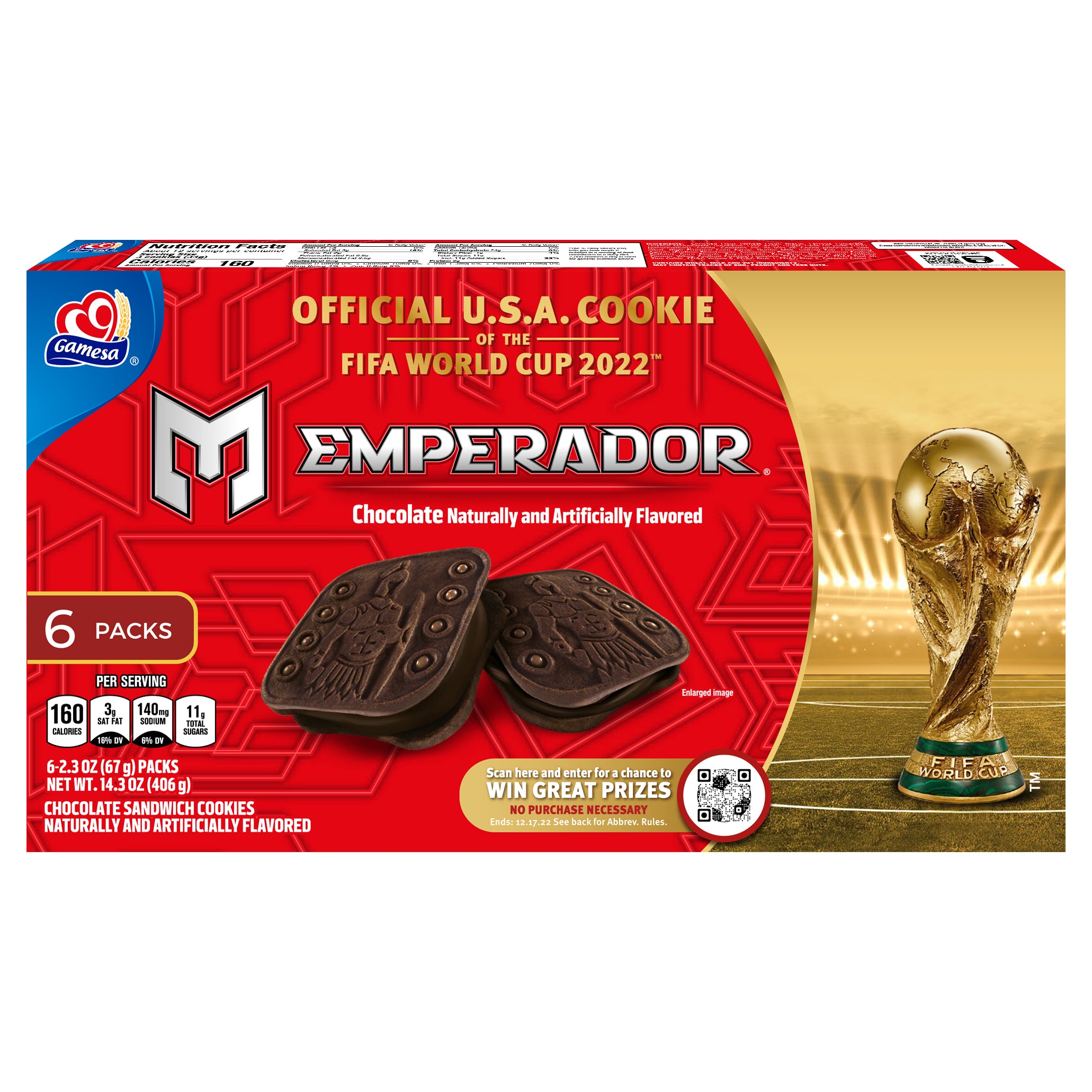 Gamesa Emperador Sandwich Cookies Chocolate Naturally And Aritifically Flavored 2.3 Oz 6 Count - Case of 12