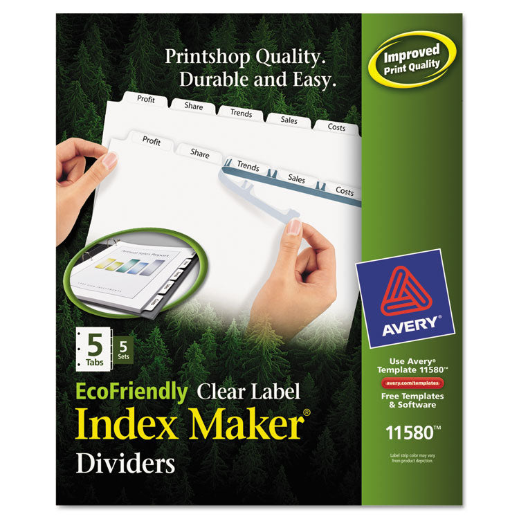 Avery - Index Maker EcoFriendly Print and Apply Clear Label Dividers with White Tabs, 5-Tab, 11 x 8.5, White, 5 Sets