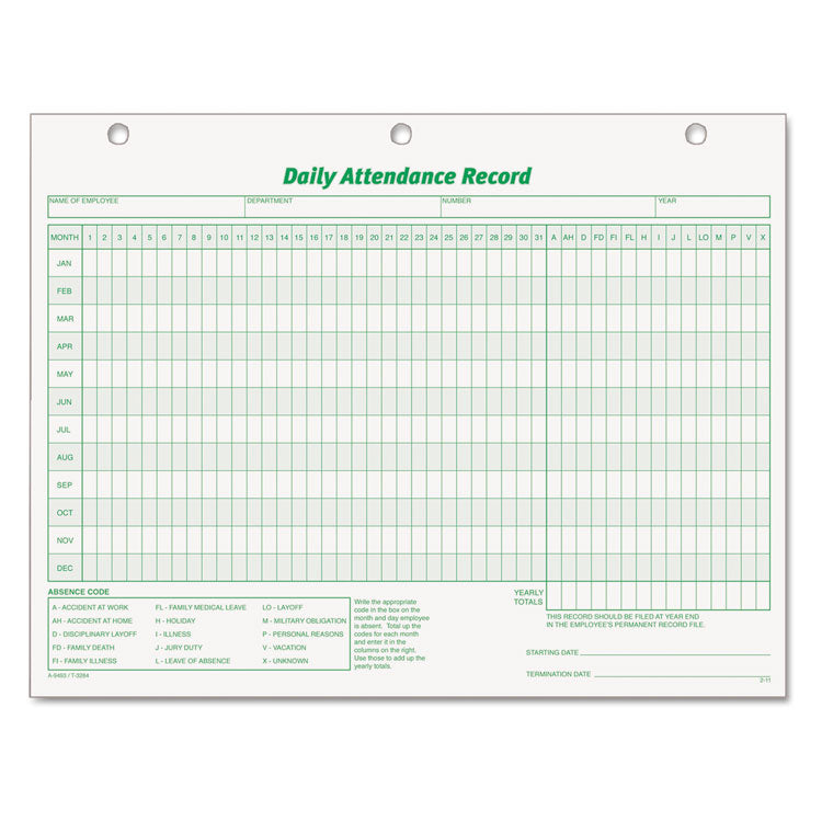 TOPS - Daily Attendance Card, 8.5 x 11, 1/Page, 50 Forms
