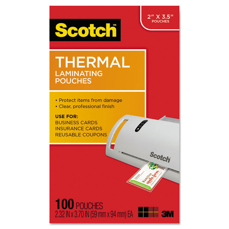 Scotch - Laminating Pouches, 5 mil, 3.75" x 2.38", Gloss Clear, 100/Pack