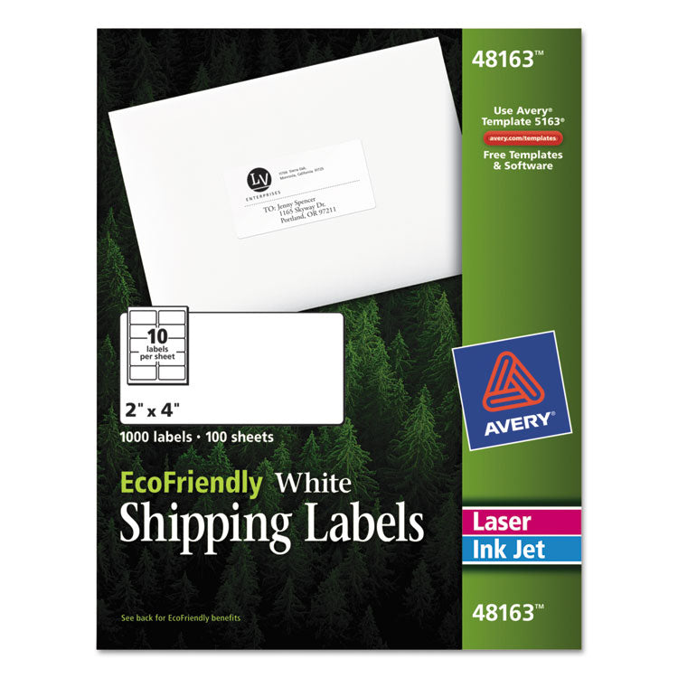 Avery - EcoFriendly Mailing Labels, Inkjet/Laser Printers, 2 x 4, White, 10/Sheet, 100 Sheets/Pack