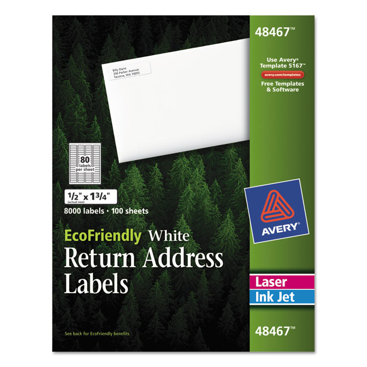 Avery - EcoFriendly Mailing Labels, Inkjet/Laser Printers, 0.5 x 1.75, White, 80/Sheet, 100 Sheets/Pack