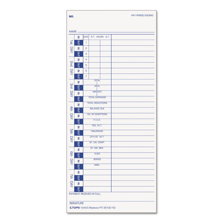 TOPS - Time Clock Cards, Replacement for 35100-10, One Side, 4 x 9, 100/Pack