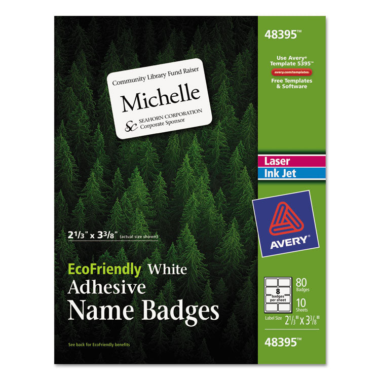 Avery - EcoFriendly Adhesive Name Badge Labels, 3.38 x 2.33, White, 80/Pack