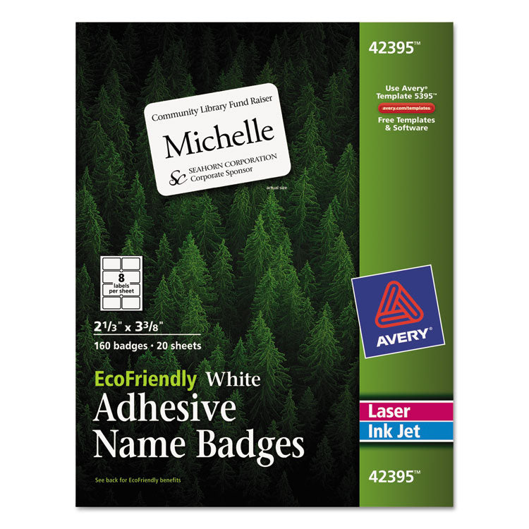 Avery - EcoFriendly Adhesive Name Badge Labels, 3.38 x 2.33, White, 160/Box