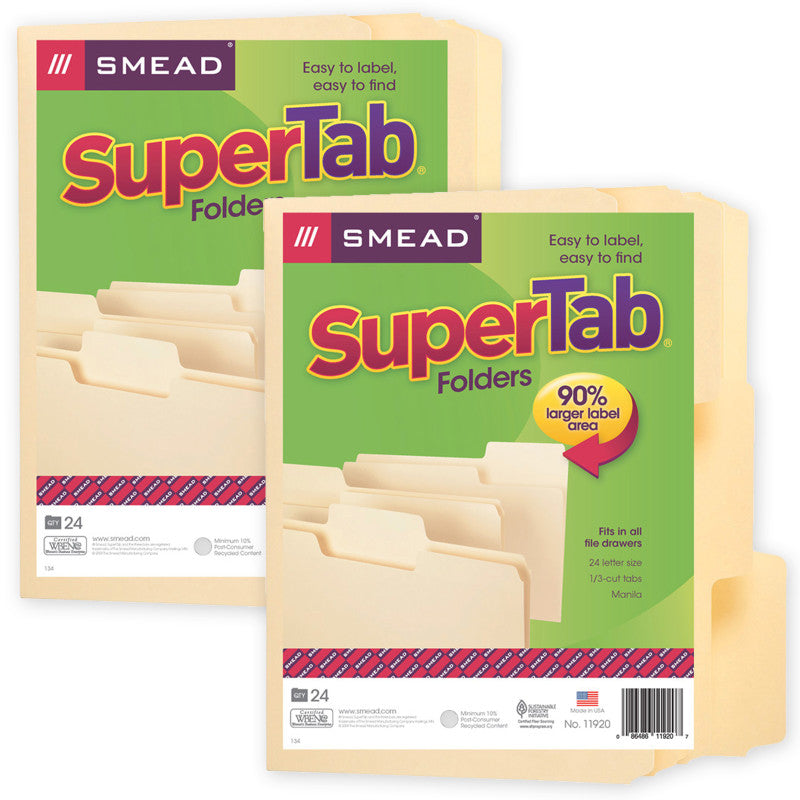 SMEAD - SuperTab® File Folder, Oversized 1/3-Cut Tab, Letter Size, Manila, 24 Per Pack, 2 Packs