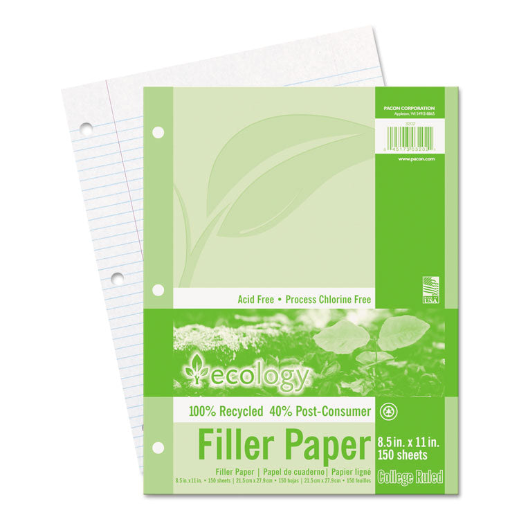 Pacon - Ecology Filler Paper, 3-Hole, 8.5 x 11, Medium/College Rule, 150/Pack