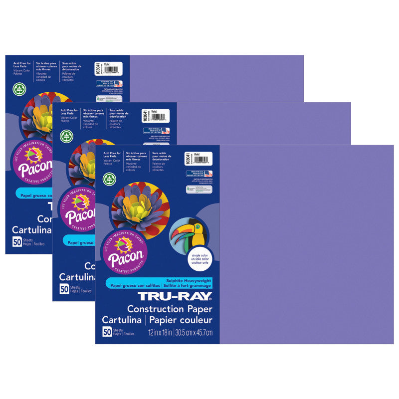 TRU-RAY - Construction Paper, Violet, 12" x 18", 50 Sheets Per Pack, 3 Packs