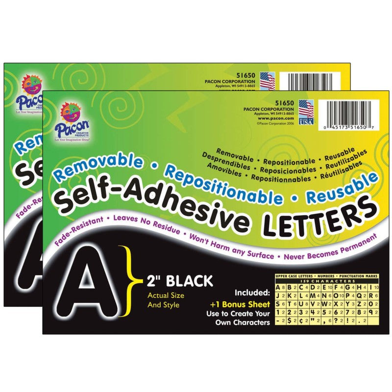 PACON - Self-Adhesive Letters, Black, Puffy Font, 2", 159 Characters Per Pack, 2 Packs