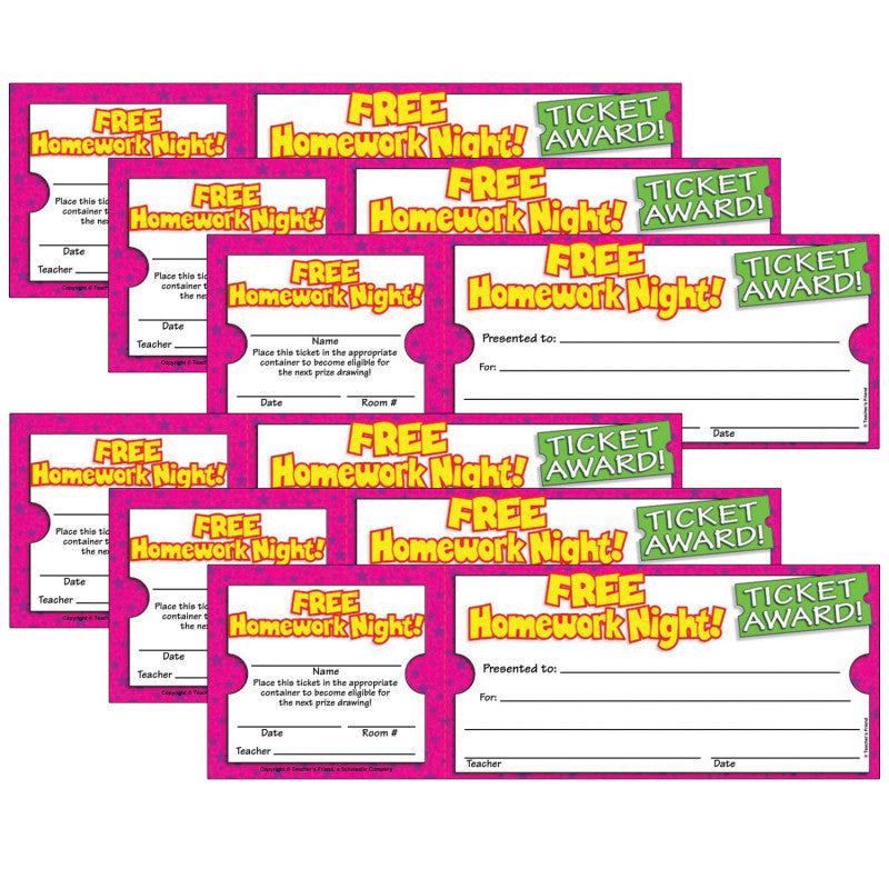 SCHOLASTIC TEACHING SOLUTIONS - Ticket Awards, Free Homework Night!, 100 Per Pack, 6 Packs