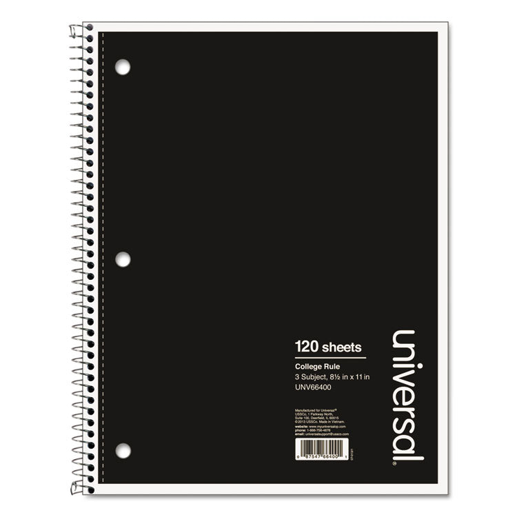 Universal - Wirebound Notebook, 3-Subject, Medium/College Rule, Black Cover, (120) 11 x 8.5 Sheets