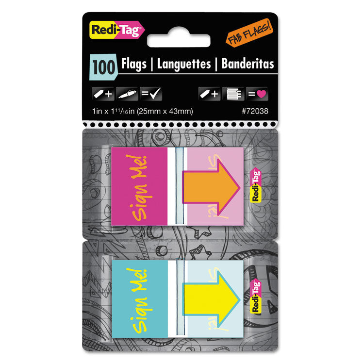 Redi-Tag - Pop-Up Fab Page Flags w/Dispenser, "Sign Me!", Red/Orange, Teal/Yellow, 100/Pack