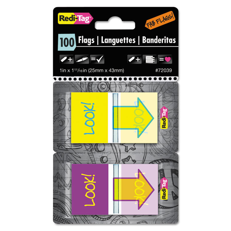Redi-Tag - Pop-Up Fab Page Flags w/Dispenser, "Look!", Purple/Yellow; Yellow/Teal, 100/Pack