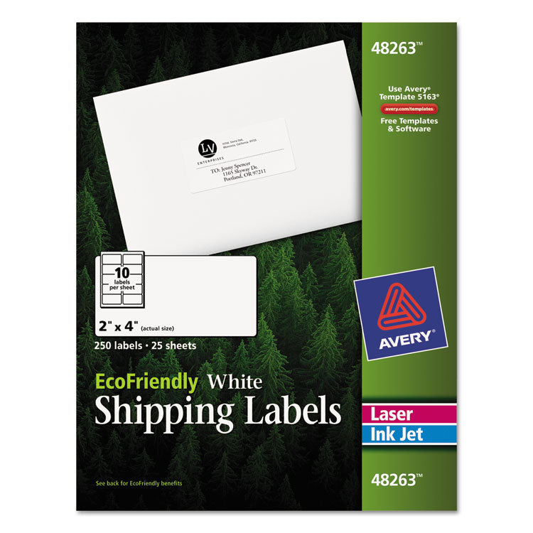 Avery - EcoFriendly Mailing Labels, Inkjet/Laser Printers, 2 x 4, White, 10/Sheet, 25 Sheets/Pack