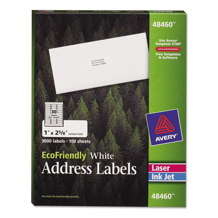 Avery - EcoFriendly Mailing Labels, Inkjet/Laser Printers, 1 x 2.63, White, 30/Sheet, 100 Sheets/Pack