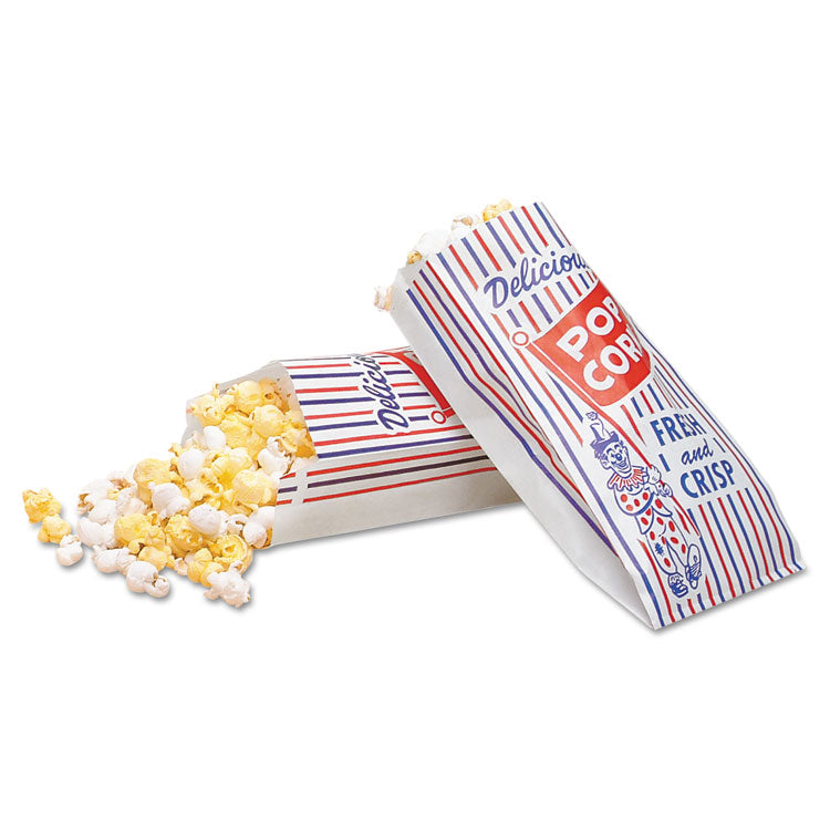 Bagcraft - Pinch-Bottom Paper Popcorn Bag, 4 x 1.5 x 8, Blue/Red/White, Paper, 1,000/Carton