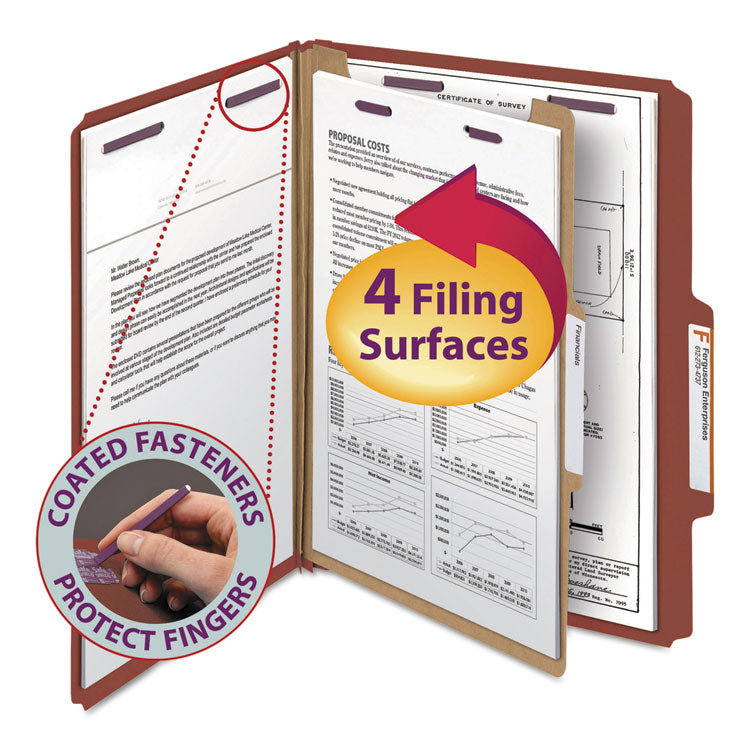 Smead - Pressboard Classification Folders with SafeSHIELD Coated Fasteners, 2/5 Cut, 1 Divider, Letter Size, Red, 10/Box