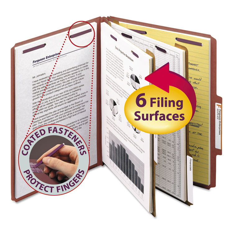 Smead - Pressboard Classification Folders with SafeSHIELD Coated Fasteners, 2/5 Cut, 2 Dividers, Letter Size, Red, 10/Box