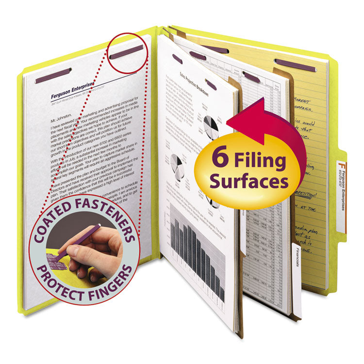 Smead - Six-Section Pressboard Top Tab Classification Folders with SafeSHIELD Fasteners, 2 Dividers, Letter Size, Yellow, 10/Box