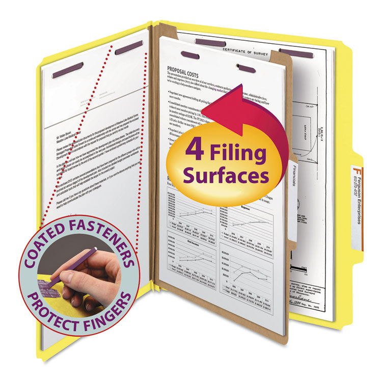 Smead - Four-Section Pressboard Top Tab Classification Folders with SafeSHIELD Fasteners, 1 Divider, Letter Size, Yellow, 10/Box