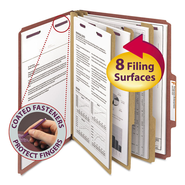 Smead - Pressboard Classification Folders with SafeSHIELD Coated Fasteners, 2/5 Cut, 3 Dividers, Letter Size, Red, 10/Box