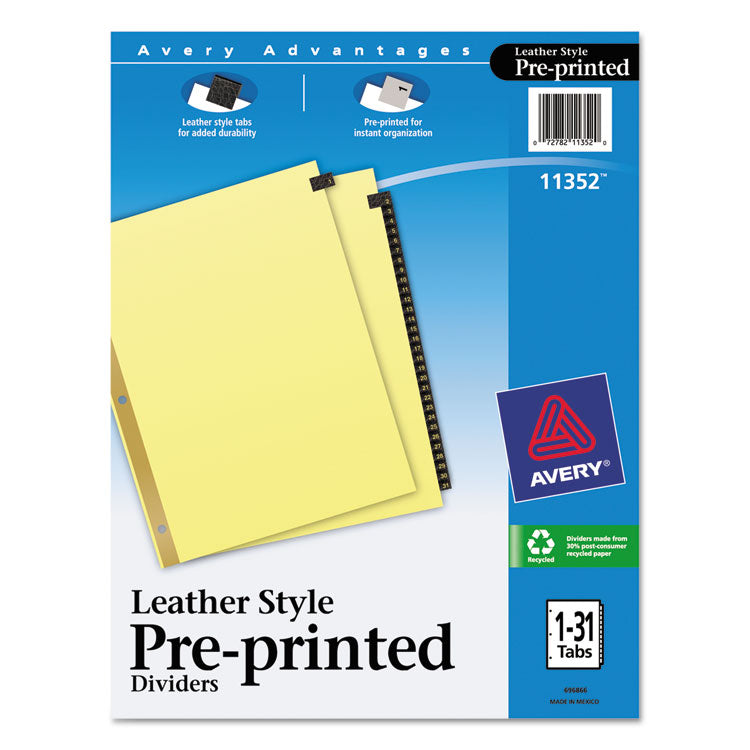 Avery - Preprinted Black Leather Tab Dividers w/Gold Reinforced Edge, 31-Tab, Ltr