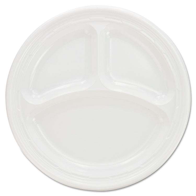 Dart - Plastic Plates, 3-Compartment, 9" dia, White, 125/Pack, 4 Packs/Carton