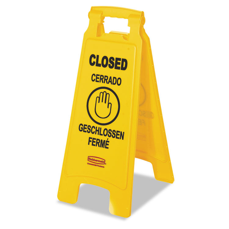 Rubbermaid Commercial - Multilingual "Closed" Sign, 2-Sided, 11 x 12 x 25, Yellow