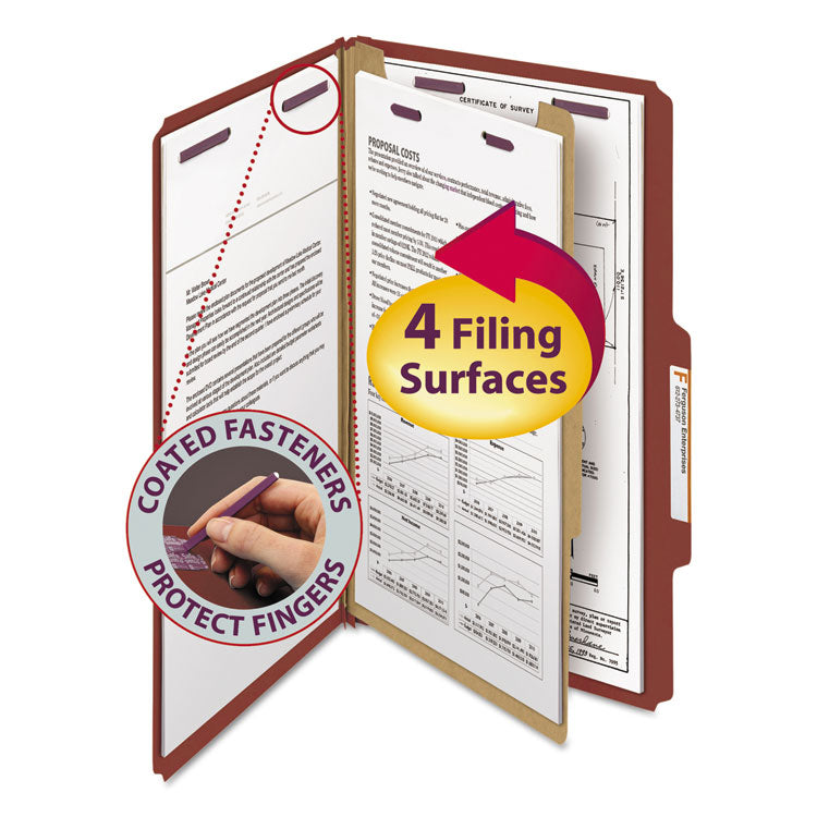 Smead - Pressboard Classification Folders with SafeSHIELD Coated Fasteners, 2/5 Cut, 1 Divider, Legal Size, Red, 10/Box