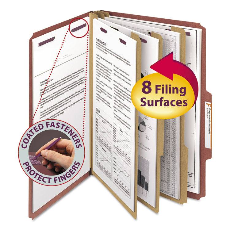 Smead - Pressboard Classification Folders with SafeSHIELD Coated Fasteners, 2/5 Cut, 3 Dividers, Legal Size, Red, 10/Box