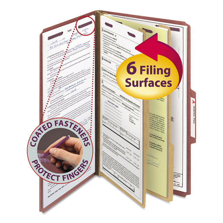 Smead - Pressboard Classification Folders with SafeSHIELD Coated Fasteners, 2/5 Cut, 2 Dividers, Legal Size, Red, 10/Box