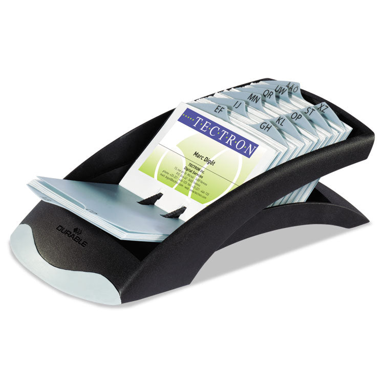 Durable - VISIFIX Desk Business Card File, Holds 200 2.88 x 4.13 Cards, 5 x 9.31 x 3.56, Plastic, Graphite/Black