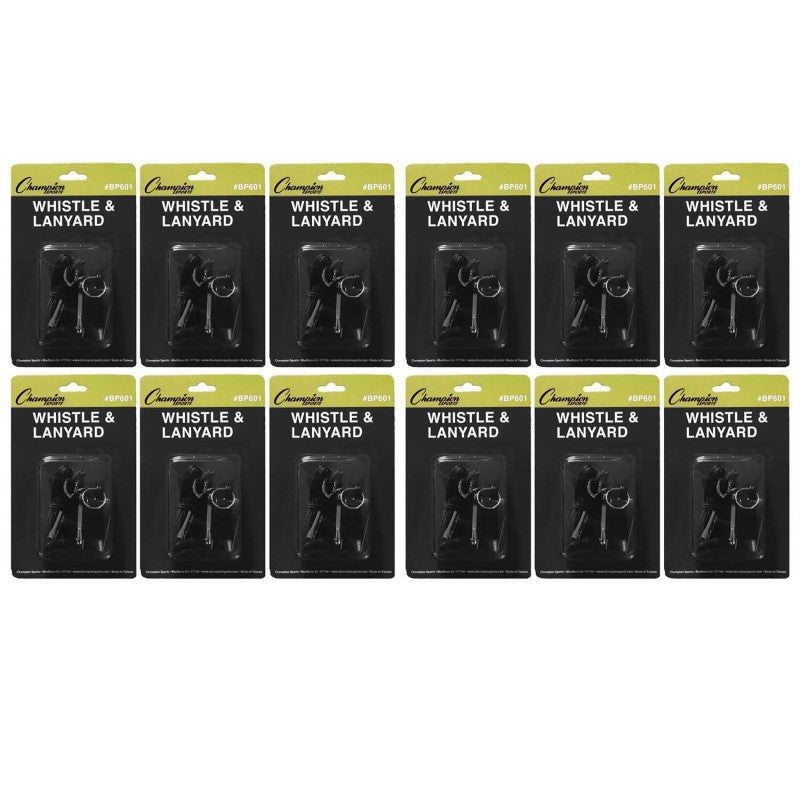 CHAMPION SPORTS - Plastic Whistle & Black Lanyard Pack, 12 Packs