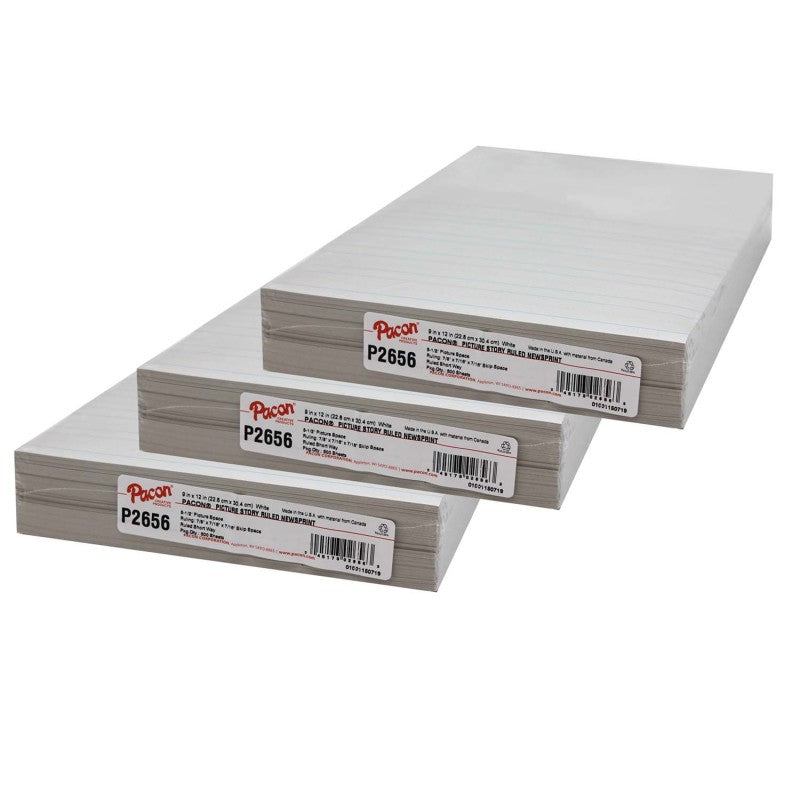 PACON - Newsprint Handwriting Paper, Picture Story, 7/8" x 7/16" x 7/16" Ruled Short, 9" x 12", 500 Sheets Per Pack, 3 Packs