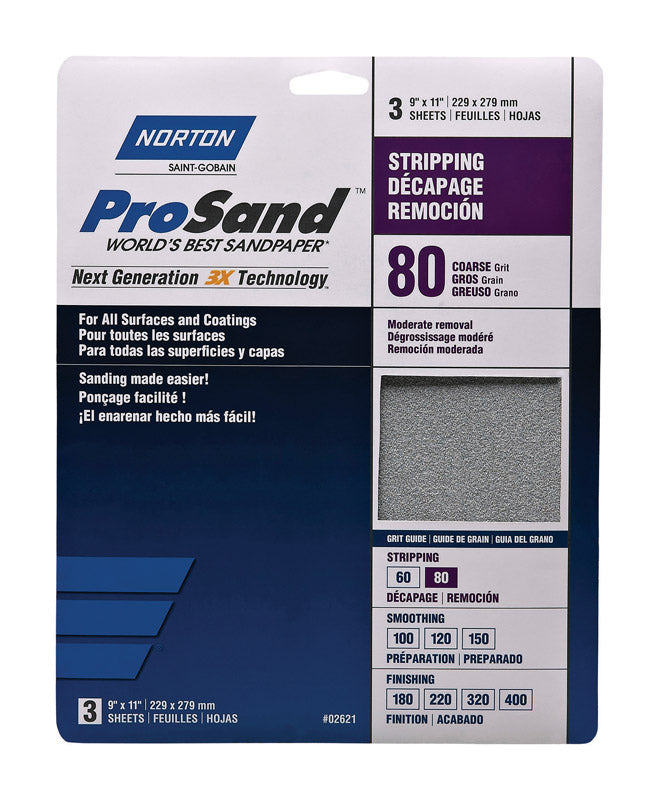 NORTON - Norton ProSand 11 in. L X 9 in. W 80 Grit Aluminum Oxide Sandpaper 3 pk