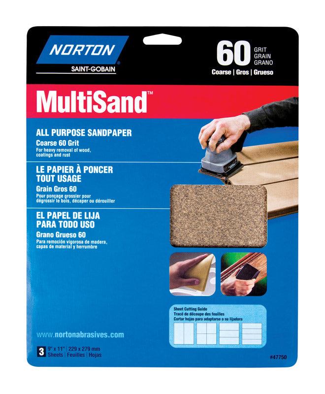 NORTON - Norton MultiSand 11 in. L X 9 in. W 60 Grit Aluminum Oxide All Purpose Sandpaper 3 pk